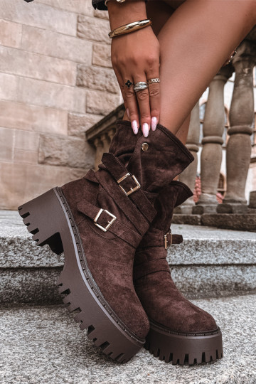Botas femininas de cano curto com saltos grossos, fivelas e tiras, cor chocolate, Nerelisa