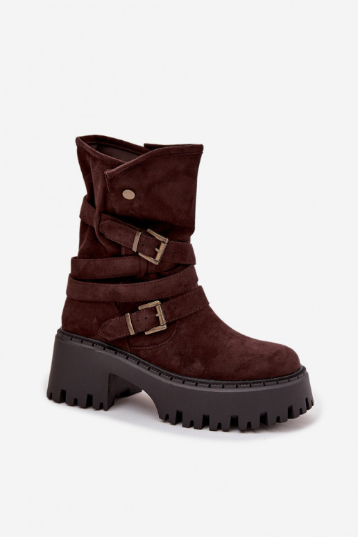 Botas femininas de cano curto com saltos grossos, fivelas e tiras, cor chocolate, Nerelisa