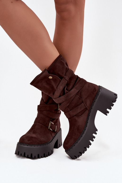 Botas femininas de cano curto com saltos grossos, fivelas e tiras, cor chocolate, Nerelisa