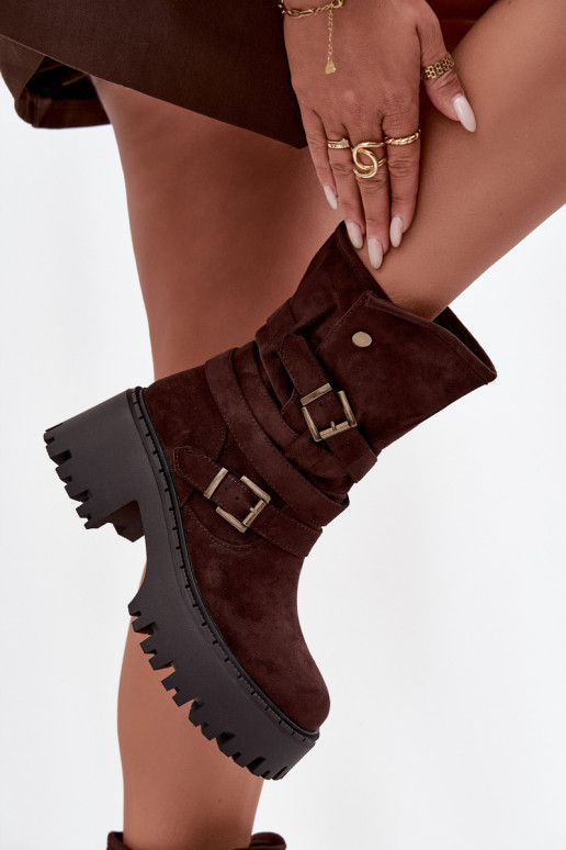 Botas femininas de cano curto com saltos grossos, fivelas e tiras, cor chocolate, Nerelisa
