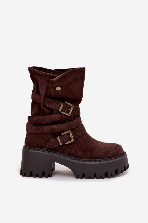 Botas femininas de cano curto com saltos grossos, fivelas e tiras, cor chocolate, Nerelisa