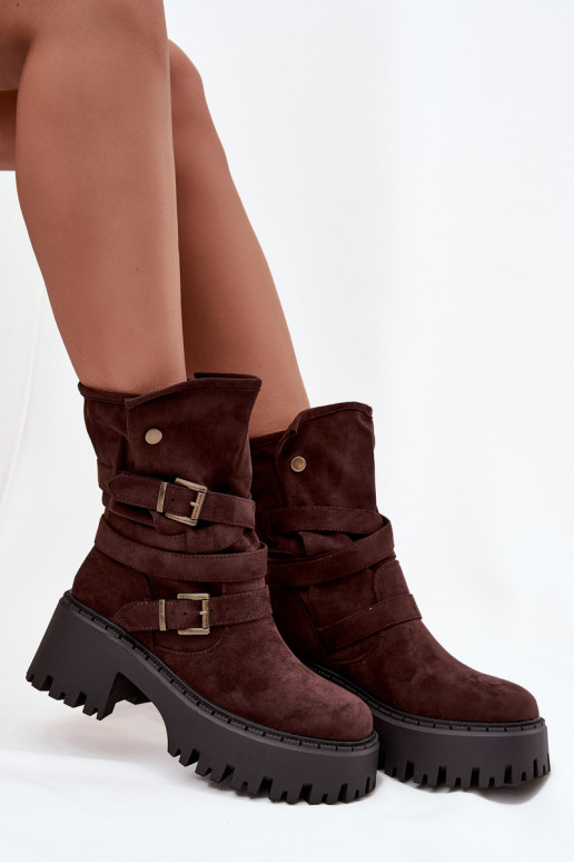 Botas femininas de cano curto com saltos grossos, fivelas e tiras, cor chocolate, Nerelisa