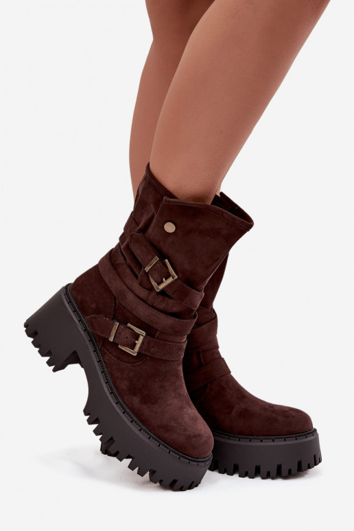 Botas femininas de cano curto com saltos grossos, fivelas e tiras, cor chocolate, Nerelisa