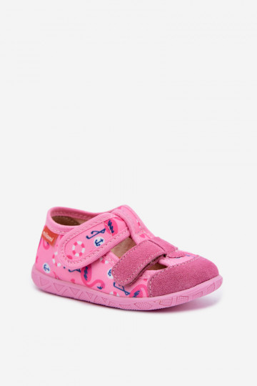Chinelos infantis Milami com fechos adesivos e flamingos rosa Reathiana