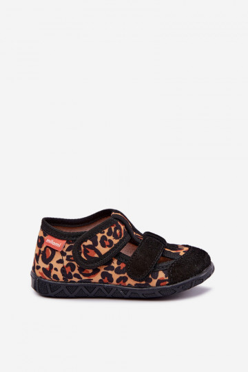Chinelos infantis Milami com fechos adesivos e padrões de leopardo em preto e amarelo Reathiana 2
