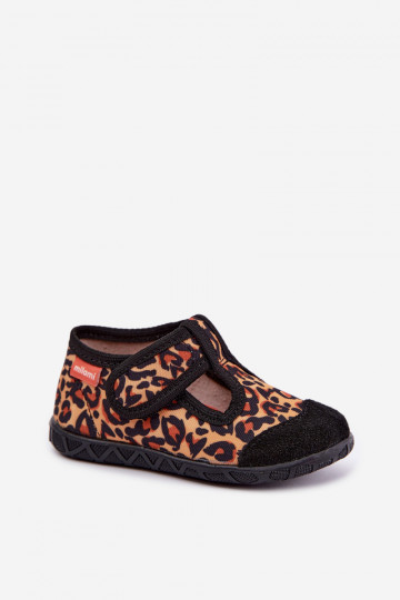 Chinelos infantis Milami com fechos adesivos e padrões de leopardo em amarelo e preto Jasimrra
