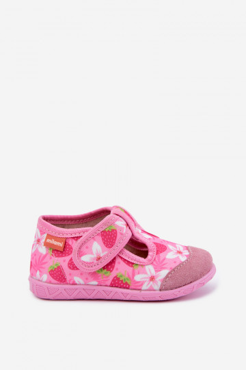 Chinelos infantis Milami com fechos adesivos e morangos e flores em rosa Jasimrra 2