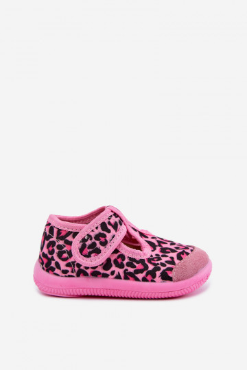Chinelos elásticos infantis Milami com fechos adesivos e padrões de leopardo em rosa Ambette 2