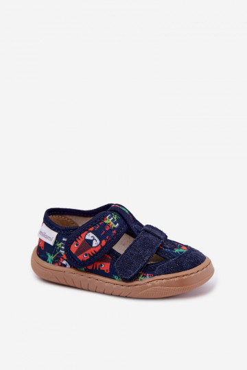 Chinelos infantis Barefoot Milami com padrões de selva em azul escuro Lumi
