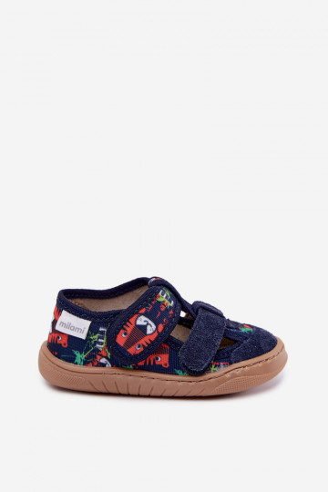 Chinelos infantis Barefoot Milami com padrões de selva em azul escuro Lumi 2