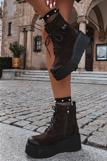 Zazoo 60499 botins femininos em camurça sintética com plataforma na cor chocolate