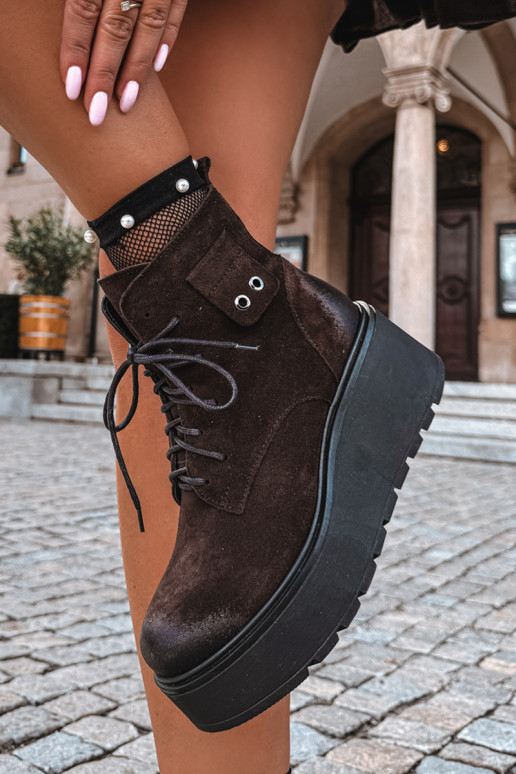 Zazoo 60499 botins femininos em camurça sintética com plataforma na cor chocolate