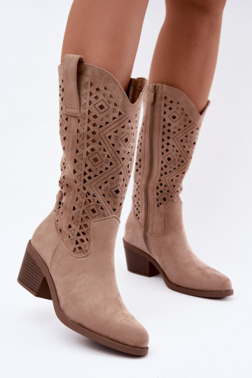 botas altas com elementos recortados em estilo cowboy com saltos S.Barski HY62-8126 na cor areia