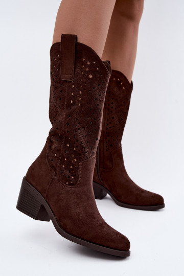 botas altas com elementos recortados em estilo cowboy com saltos S.Barski HY62-8126 na cor chocolate