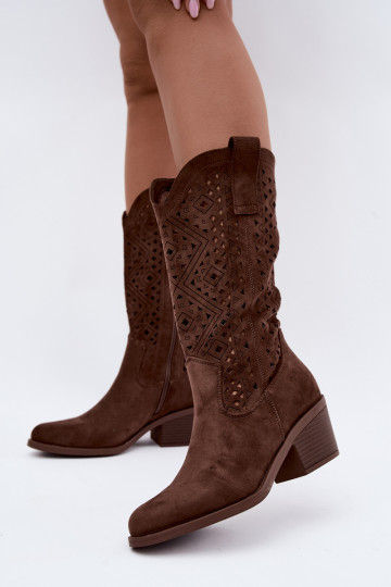 botas altas com elementos recortados em estilo cowboy com saltos S.Barski HY62-8126 na cor castanho