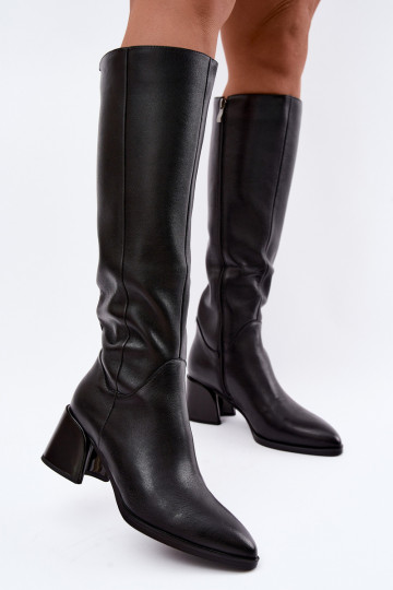 Botas longas femininas em couro forradas com saltos D&A JC62-1069 preto