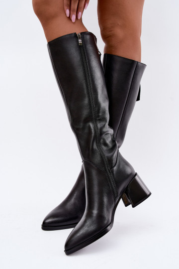 Botas longas femininas em couro forradas com saltos D&A JC62-1069 preto 2