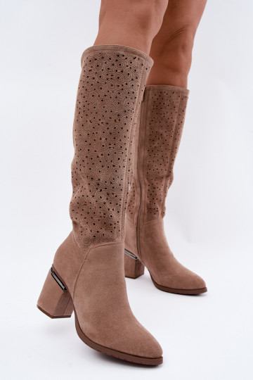 Botas longas com elementos recortados e saltos S.Barski HY62-8122 areia