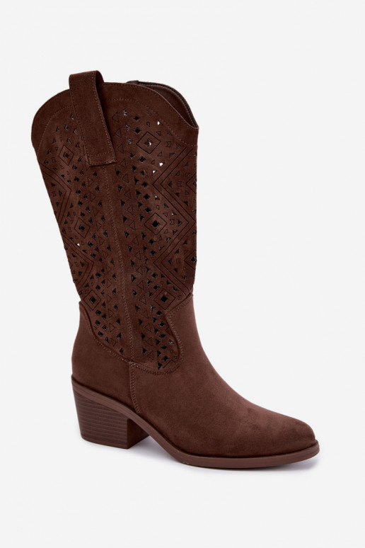 botas altas com elementos recortados em estilo cowboy com saltos S.Barski HY62-8126 na cor castanho