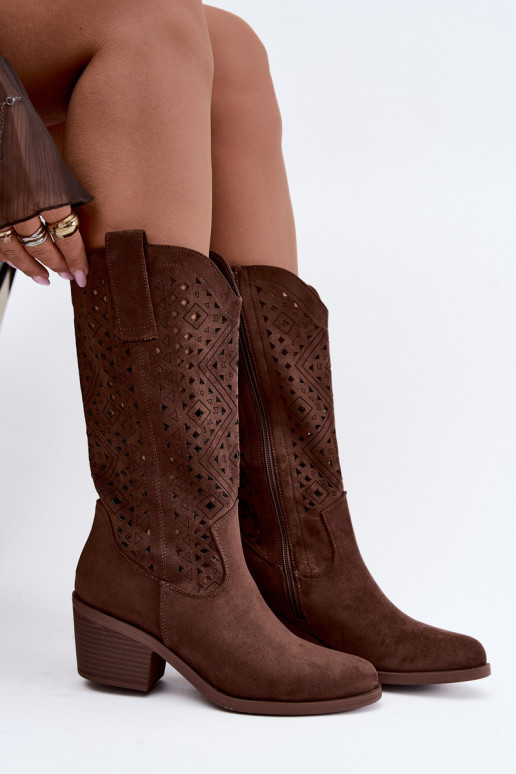 botas altas com elementos recortados em estilo cowboy com saltos S.Barski HY62-8126 na cor castanho