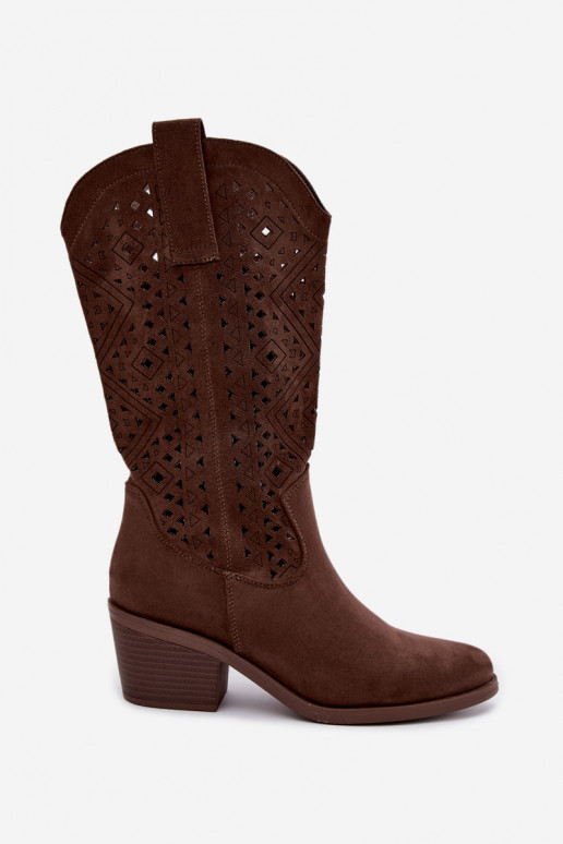 botas altas com elementos recortados em estilo cowboy com saltos S.Barski HY62-8126 na cor castanho