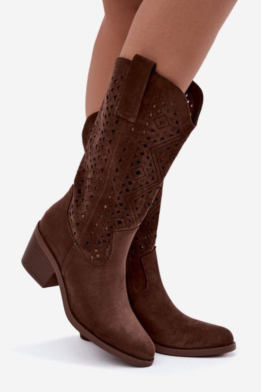 botas altas com elementos recortados em estilo cowboy com saltos S.Barski HY62-8126 na cor castanho