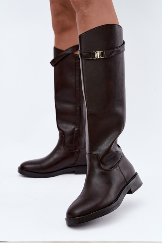 Botas femininas até ao joelho com saltos largos e tiras decorativas na cor chocolate Tarelle