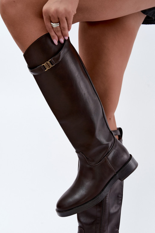 Botas femininas até ao joelho com saltos largos e tiras decorativas na cor chocolate Tarelle