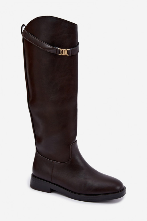 Botas femininas até ao joelho com saltos largos e tiras decorativas na cor chocolate Tarelle