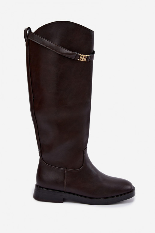 Botas femininas até ao joelho com saltos largos e tiras decorativas na cor chocolate Tarelle