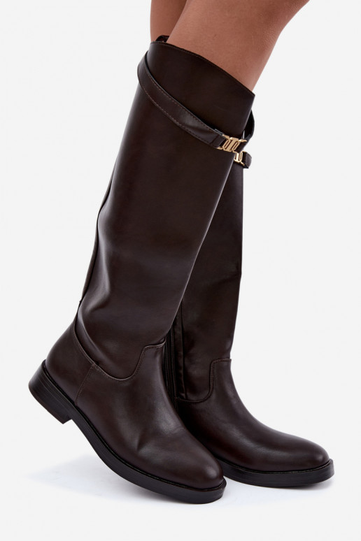 Botas femininas até ao joelho com saltos largos e tiras decorativas na cor chocolate Tarelle