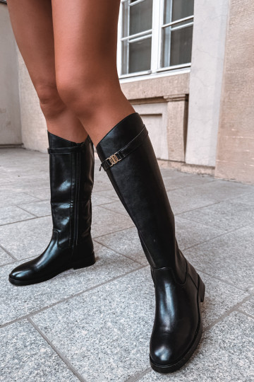 Botas femininas até ao joelho em preto com saltos largos e tiras decorativas Tarelle