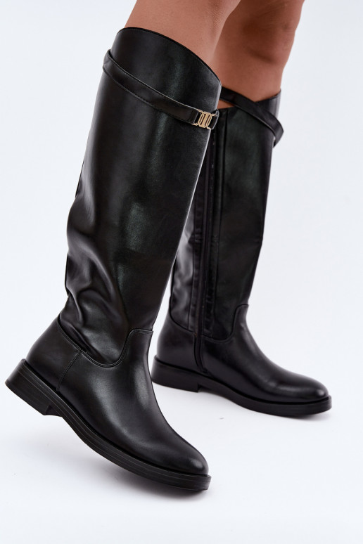 Botas femininas até ao joelho em preto com saltos largos e tiras decorativas Tarelle