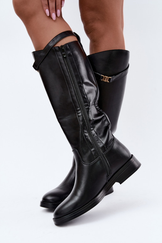 Botas femininas até ao joelho em preto com saltos largos e tiras decorativas Tarelle