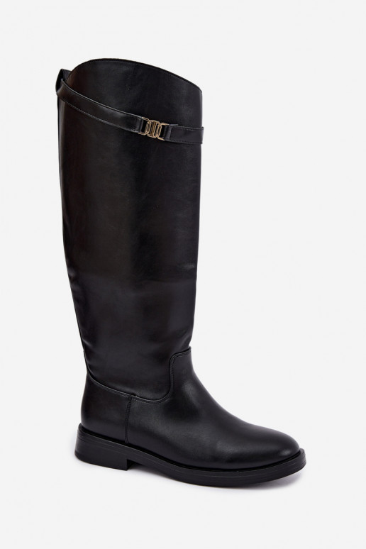 Botas femininas até ao joelho em preto com saltos largos e tiras decorativas Tarelle