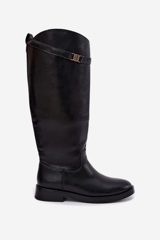 Botas femininas até ao joelho em preto com saltos largos e tiras decorativas Tarelle