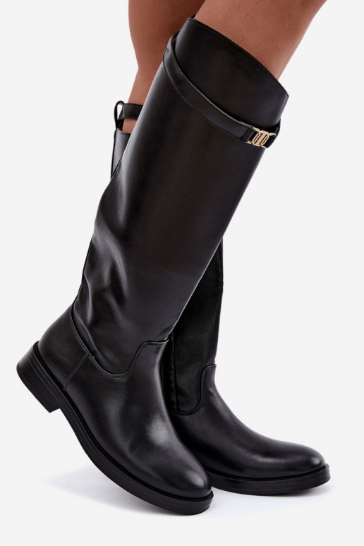 Botas femininas até ao joelho em preto com saltos largos e tiras decorativas Tarelle