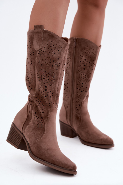 Botas longas de estilo cowboy castanhas com recortes Garena