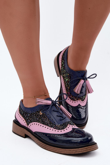 Sapatos de couro femininos com atacadores e franjas Tai turiciejka K7816-17 na cor azul escuro