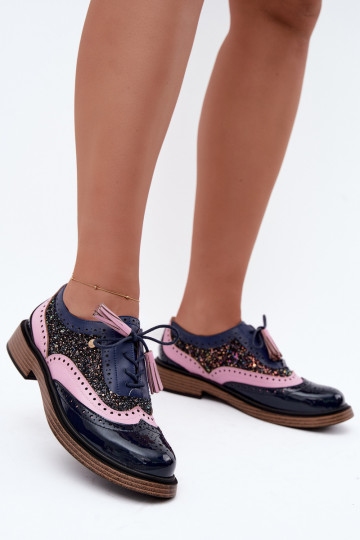 Sapatos de couro femininos com atacadores e franjas Tai turiciejka K7816-17 na cor azul escuro 2