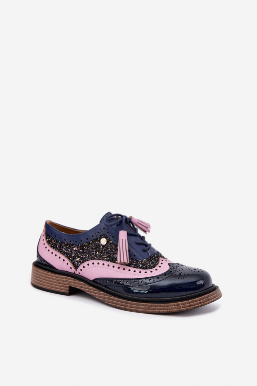Sapatos de couro femininos com atacadores e franjas Tai turiciejka K7816-17 na cor azul escuro