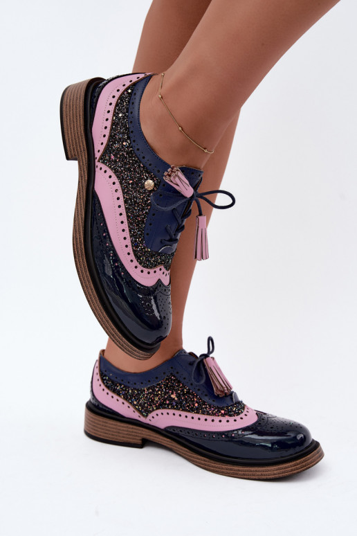Sapatos de couro femininos com atacadores e franjas Tai turiciejka K7816-17 na cor azul escuro