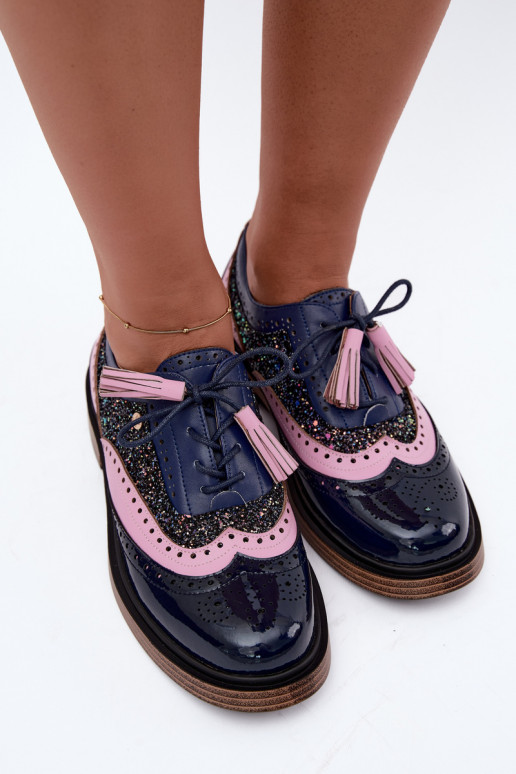 Sapatos de couro femininos com atacadores e franjas Tai turiciejka K7816-17 na cor azul escuro