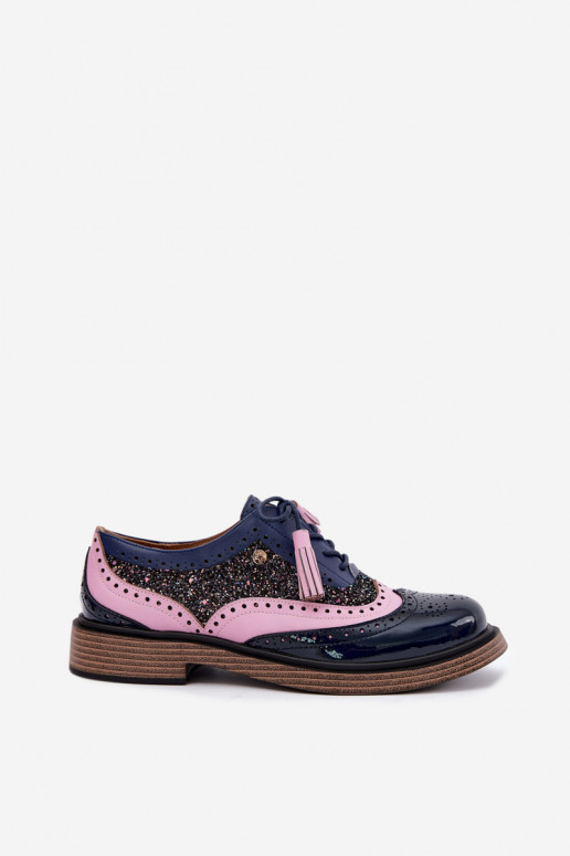 Sapatos de couro femininos com atacadores e franjas Tai turiciejka K7816-17 na cor azul escuro