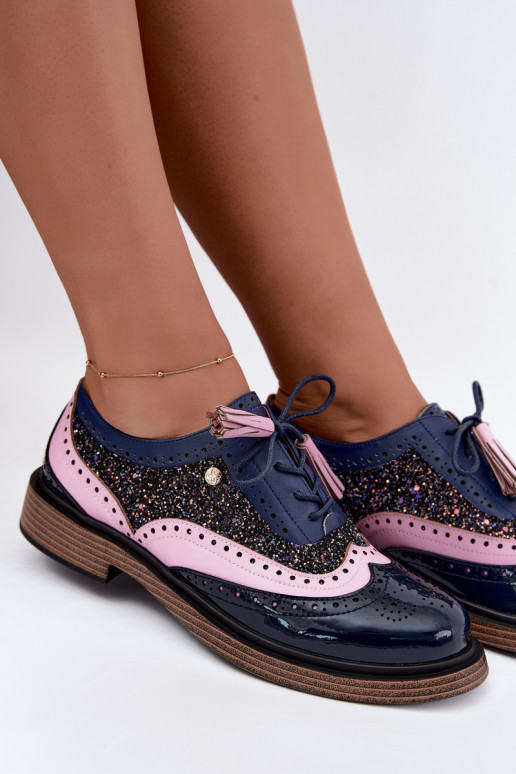 Sapatos de couro femininos com atacadores e franjas Tai turiciejka K7816-17 na cor azul escuro