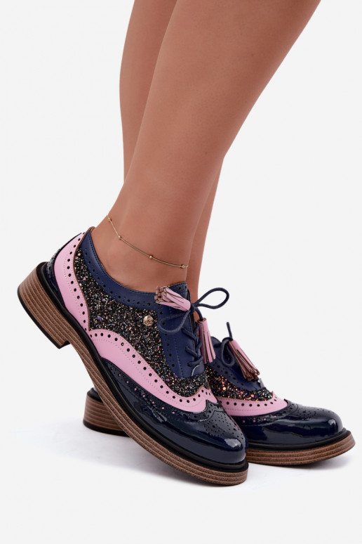 Sapatos de couro femininos com atacadores e franjas Tai turiciejka K7816-17 na cor azul escuro