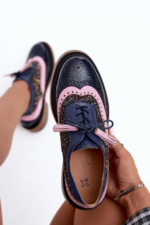 Sapatos de couro femininos com atacadores e franjas Tai turiciejka K7816-17 na cor azul escuro