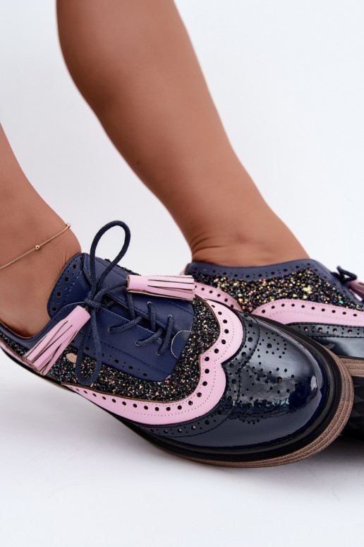 Sapatos de couro femininos com atacadores e franjas Tai turiciejka K7816-17 na cor azul escuro