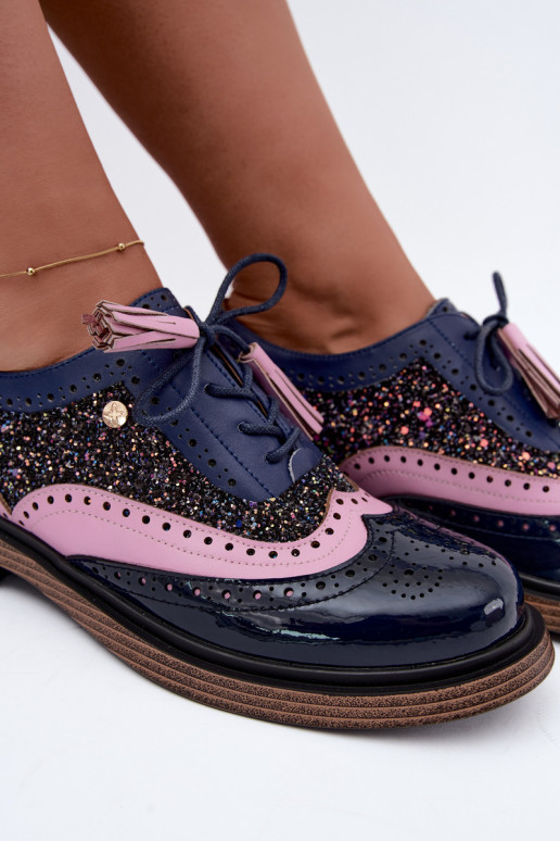 Sapatos de couro femininos com atacadores e franjas Tai turiciejka K7816-17 na cor azul escuro