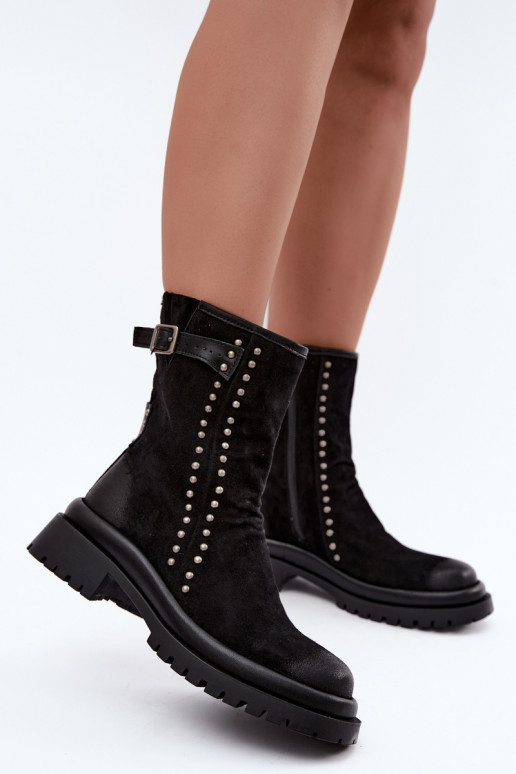 Botins femininos isolados de camurça sintética com fivelas Tai turiciejka K7727-01 na cor preta